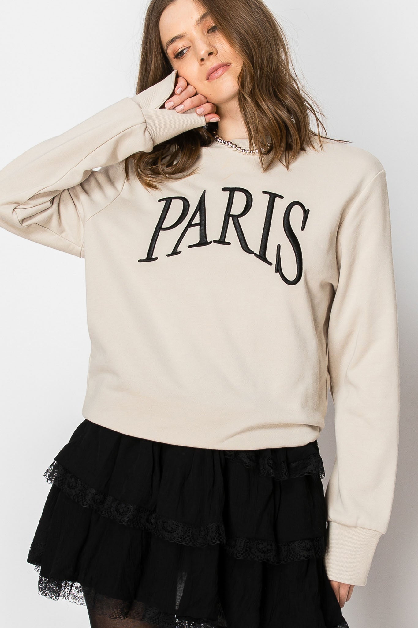 PARIS EMBROIDERED LONG SLEEVE CREW NECK FRENCH TERRY SWEATSHIRT