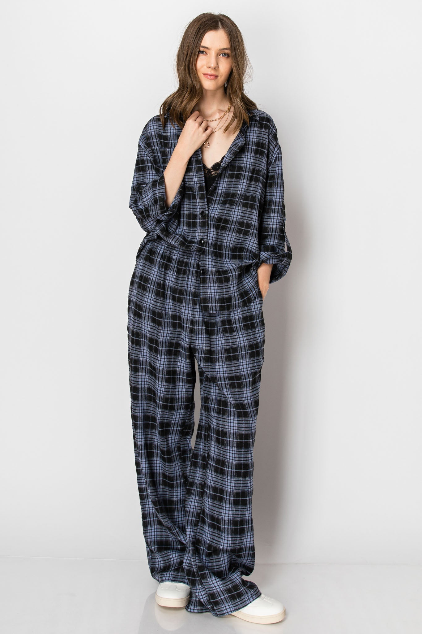 PLAID LONG SLEEVE BUTTON DOWN CASUAL WIDE LEG PANTS SET