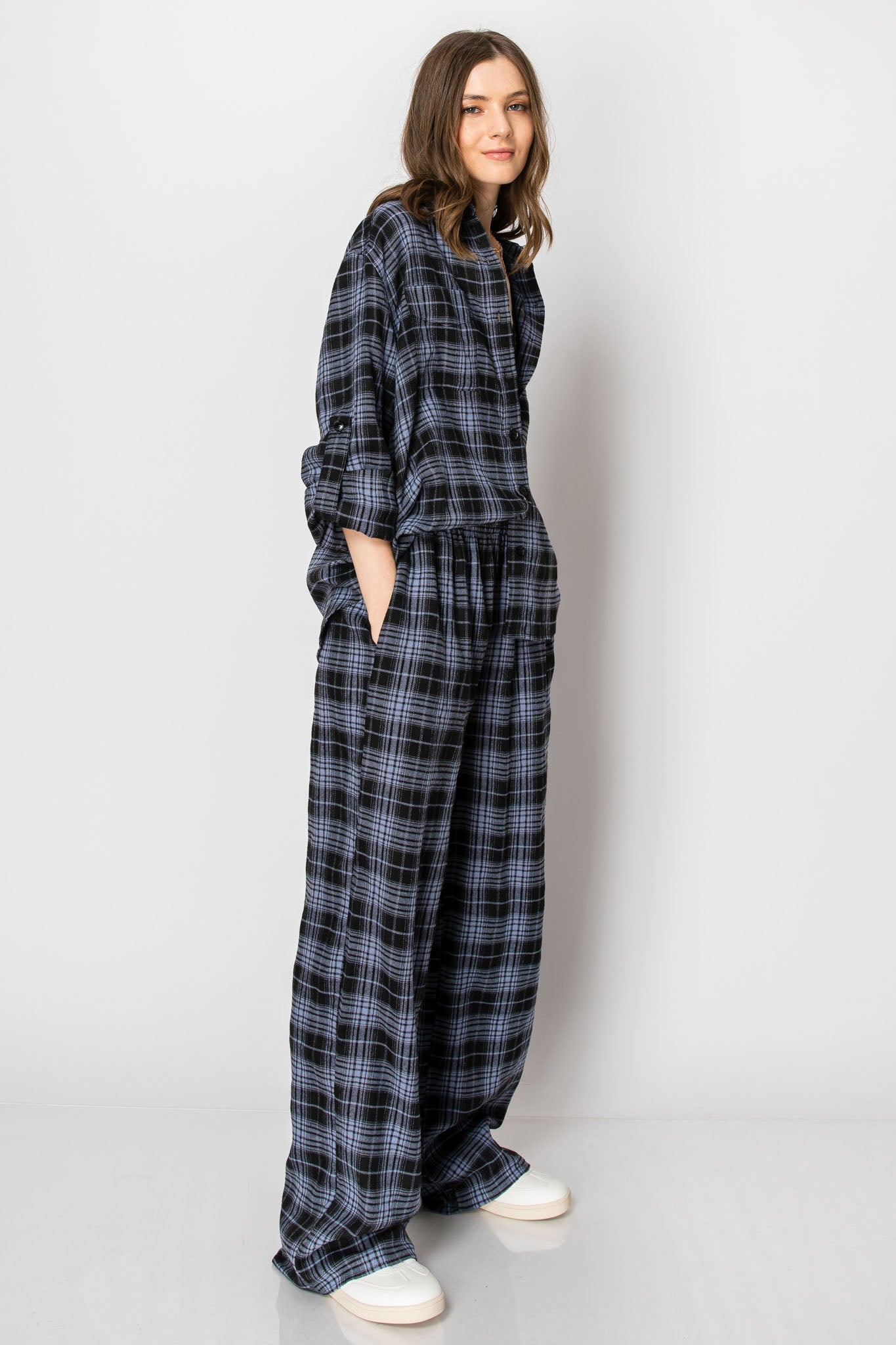 PLAID LONG SLEEVE BUTTON DOWN CASUAL WIDE LEG PANTS SET