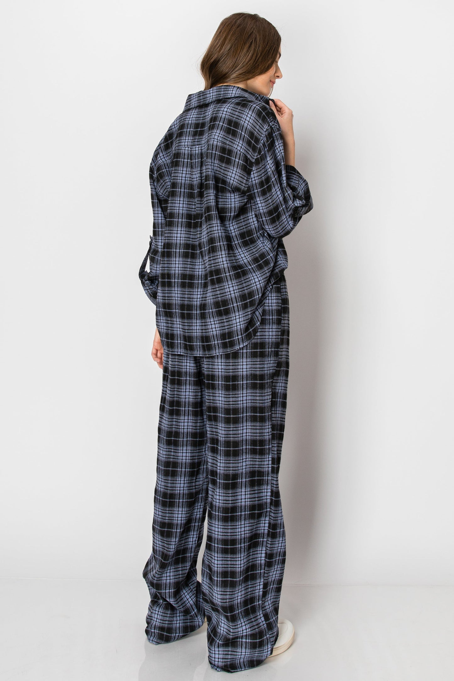 PLAID LONG SLEEVE BUTTON DOWN CASUAL WIDE LEG PANTS SET