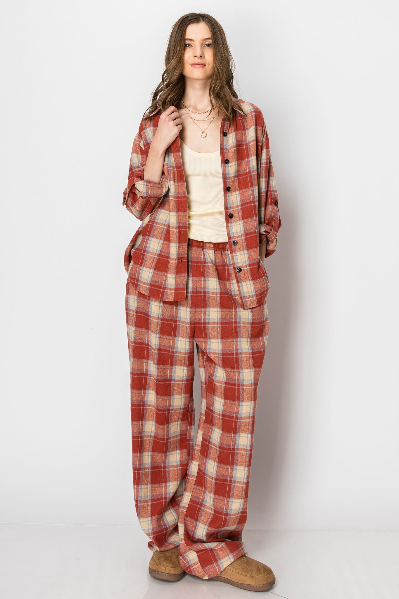 PLAID LONG SLEEVE BUTTON DOWN CASUAL WIDE LEG PANTS SET