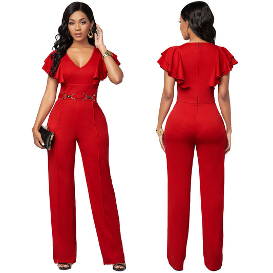 Sexy Casual Fashion Long-sleeved V-neck Women's Jumpsuit