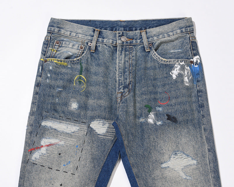 High Street Damage Cat Beard Washing Printing Splash-ink Distressed Casual Jeans