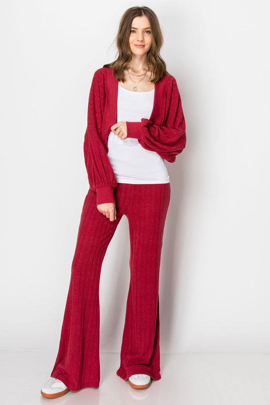 HEAVY RIBBED BOLERO SHRUG LONG SLEEVE CARDIGAN WIDE LEG PANTS SET