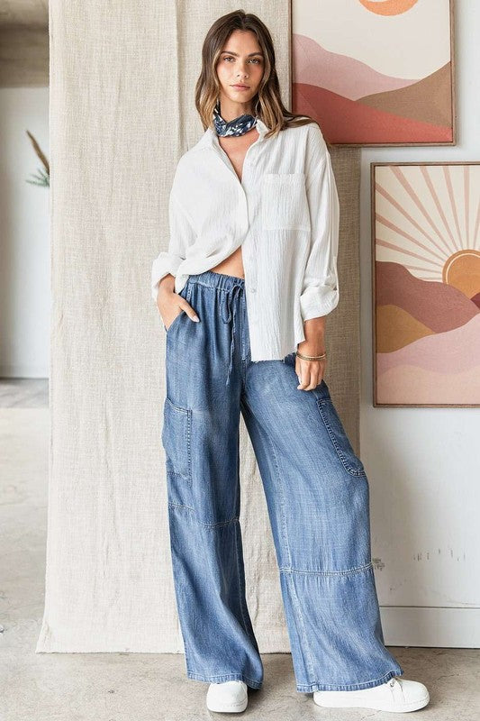 Mittoshop Washed Elastic Waist Cargo Wide Leg Pants