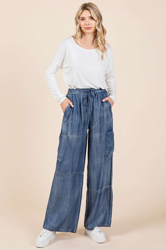 Mittoshop Washed Elastic Waist Cargo Wide Leg Pants