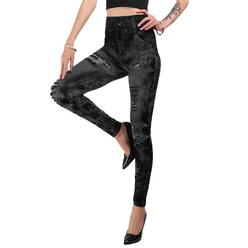 Women Imitation Jeans Stretch Leggings Fashion Sexy Slim Push Up Lady