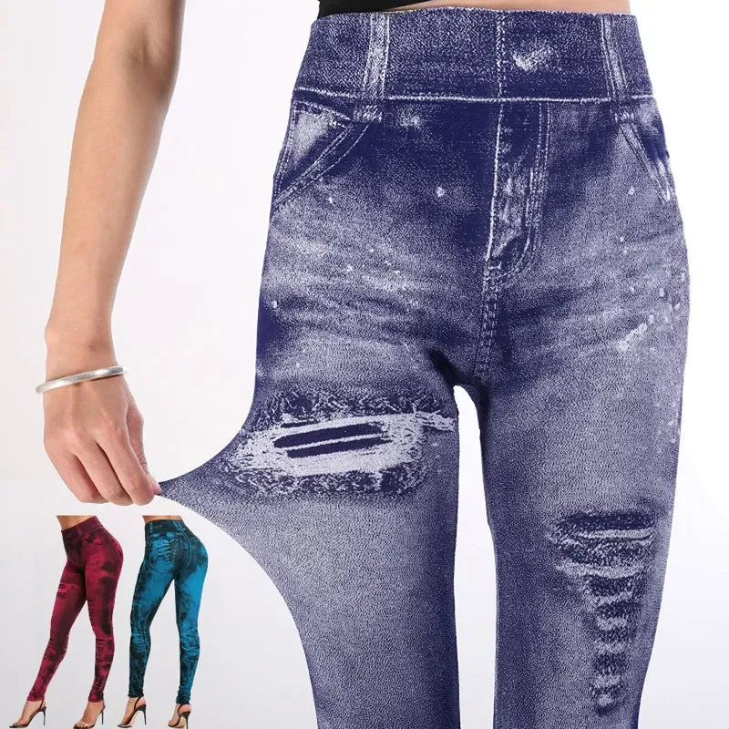 Women Imitation Jeans Stretch Leggings Fashion Sexy Slim Push Up Lady