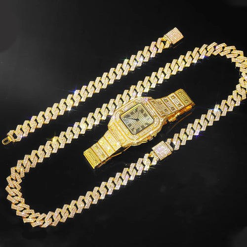 Gold Color Cuban Chain Watch for Men,Hip Hop Miami Curb,Iced Out Paved