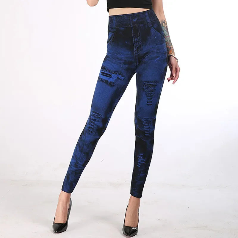 Women Imitation Jeans Stretch Leggings Fashion Sexy Slim Push Up Lady