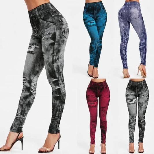 Women Imitation Jeans Stretch Leggings Fashion Sexy Slim Push Up Lady