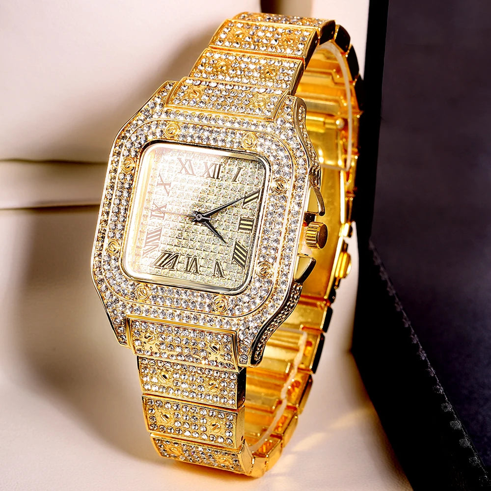 Gold Color Cuban Chain Watch for Men,Hip Hop Miami Curb,Iced Out Paved