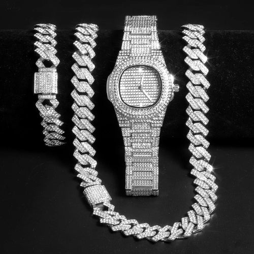 Gold Color Cuban Chain Watch for Men,Hip Hop Miami Curb,Iced Out Paved