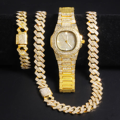 Gold Color Cuban Chain Watch for Men,Hip Hop Miami Curb,Iced Out Paved