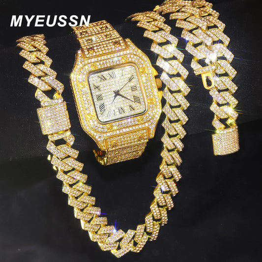 Gold Color Cuban Chain Watch for Men,Hip Hop Miami Curb,Iced Out Paved