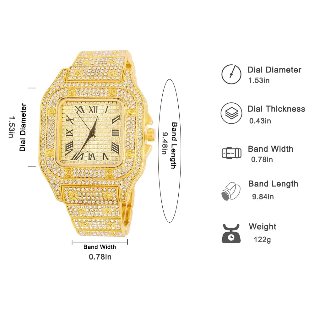 Gold Color Cuban Chain Watch for Men,Hip Hop Miami Curb,Iced Out Paved