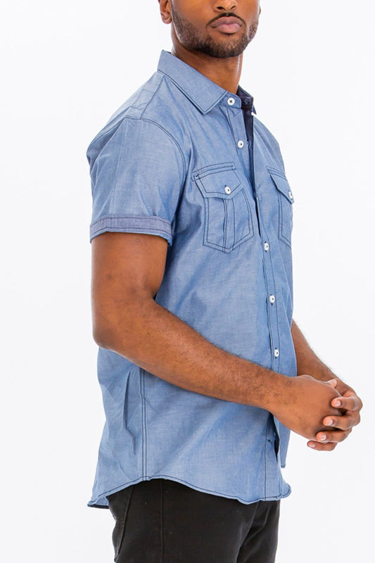 OUTLINE STITCH SHORT SLEEVE BUTTON DOWN SHIRT