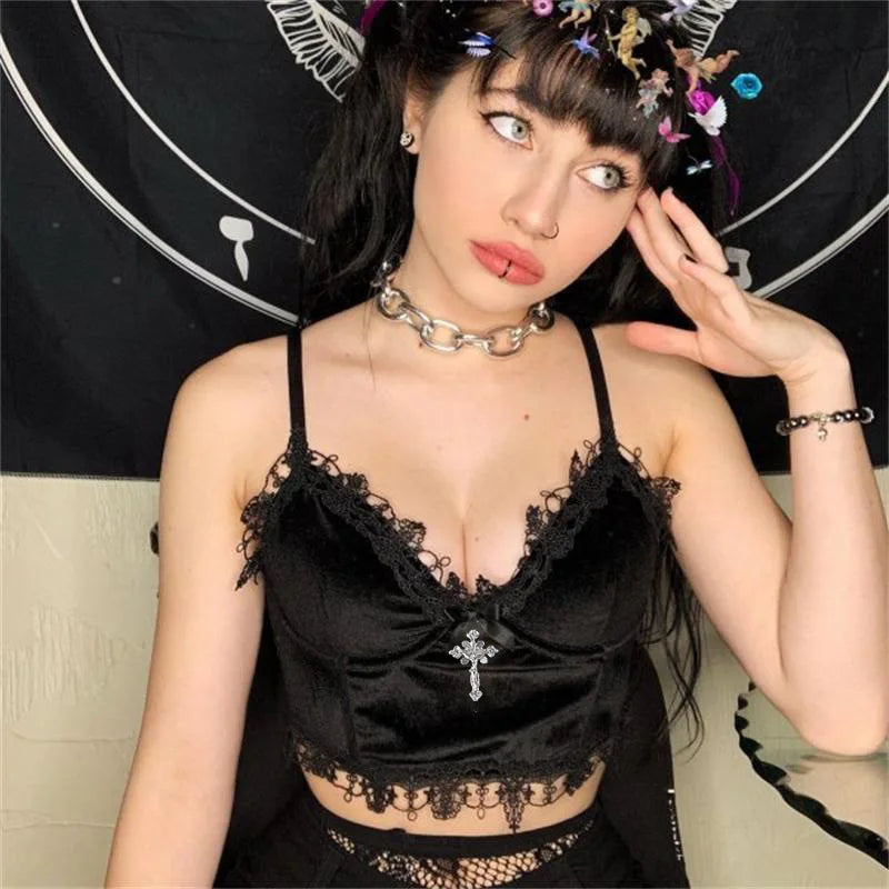 Velvet Mall Goth Crop Tops Black Lace Trim Emo Alternative Aesthetic