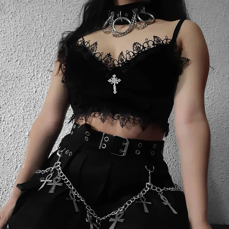 Velvet Mall Goth Crop Tops Black Lace Trim Emo Alternative Aesthetic