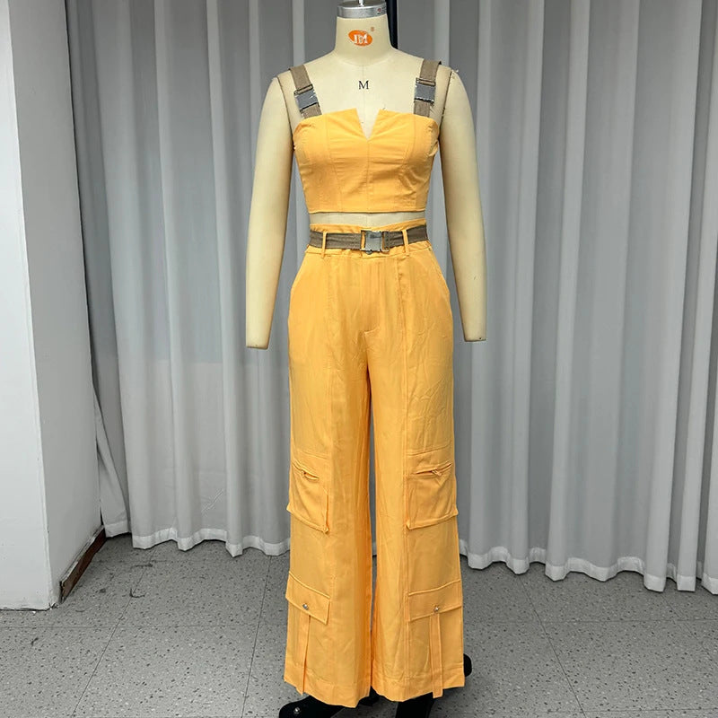 European And American Crop-top Spaghetti-strap High Waist Straight Pants Two-piece Set