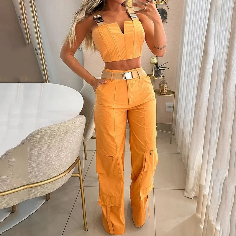 European And American Crop-top Spaghetti-strap High Waist Straight Pants Two-piece Set