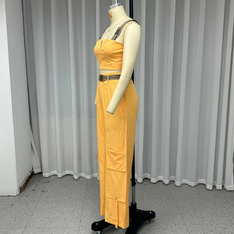 European And American Crop-top Spaghetti-strap High Waist Straight Pants Two-piece Set