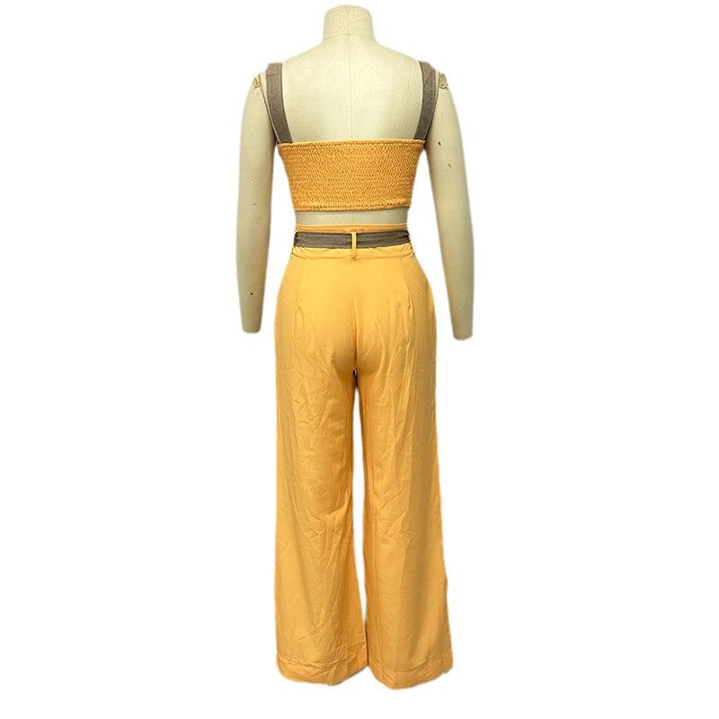 European And American Crop-top Spaghetti-strap High Waist Straight Pants Two-piece Set