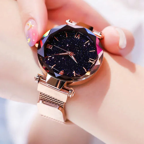 Womens Fashion Starry Sky Watches Magnet Buckle Mesh Belt Diamond