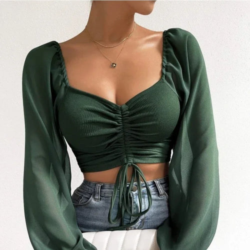 Sexy Women Mesh Lantern Sleeves Drawstring Wrap Chest Bare Midriff T