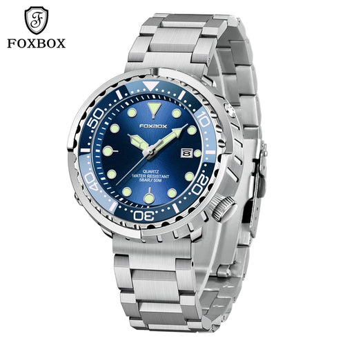 FOXBOX  Top Brand Fashion Diver Watch Men 50ATM Waterproof Date Clock