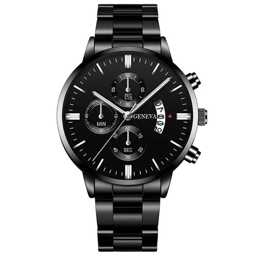 Fashion Men Black Stainless Steel Watch Luxury Calendar Quartz Wrist