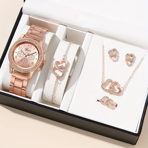 6PCS Set Rose Gold Luxury Watch Women Ring Necklace Earring Rhinestone