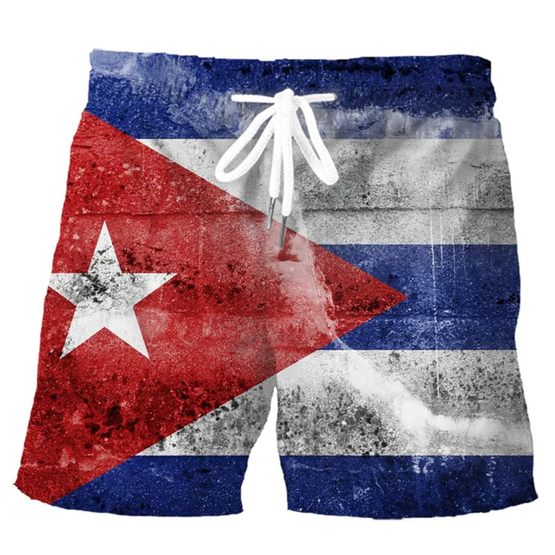 Retro 3D Printed Cuban Flag Beach Shorts Men Summer Casual Street Cube