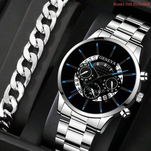 2pcs Luxury Men Business Watch Stainless Steel Calendar Big Dial