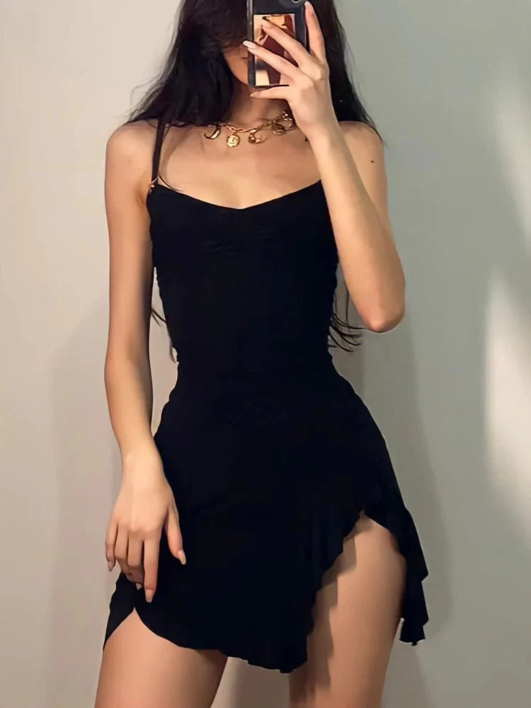 Women Sexy Side Slit Ruffled Mini Dress Sleeveless Spaghetti Strap