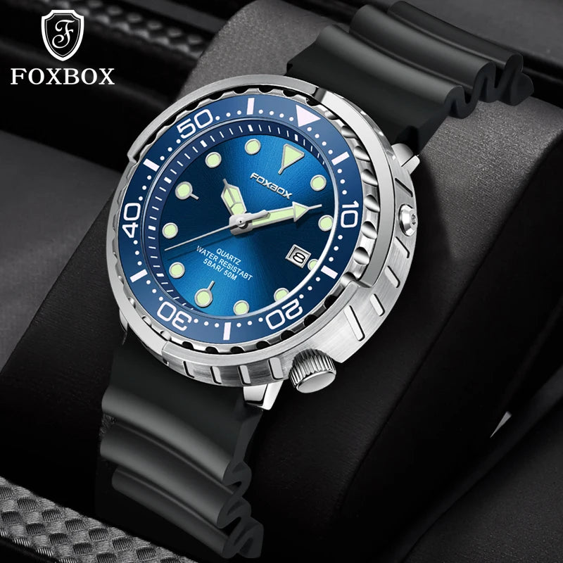 FOXBOX  Top Brand Fashion Diver Watch Men 50ATM Waterproof Date Clock