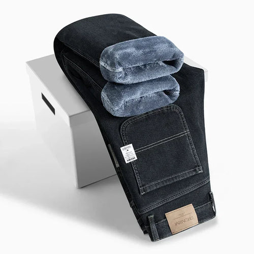 Winter Korean Fashion Brushed Jeans for Men's Thickened Warm Elastic