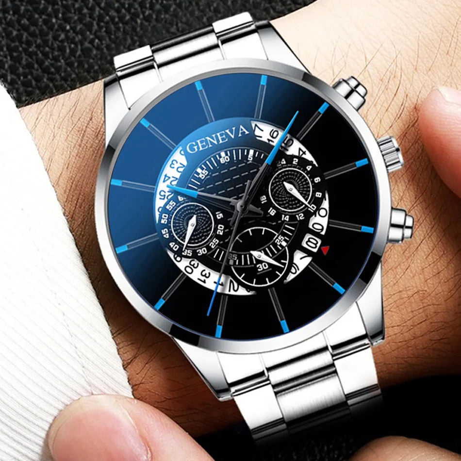 2pcs Luxury Men Business Watch Stainless Steel Calendar Big Dial