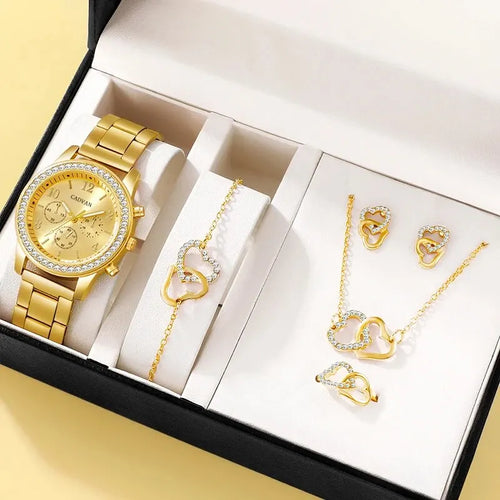 6PCS Set Rose Gold Luxury Watch Women Ring Necklace Earring Rhinestone