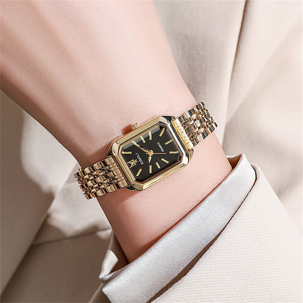 Luxury Ladies Fashion Quartz Watch Simple Scale Square Quality Gold