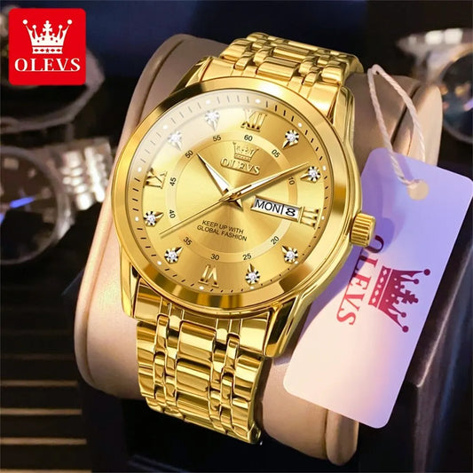 OLEVS Quartz Watch for Men Luxury Diamonds Gold Watch Waterproof