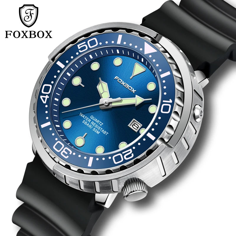 FOXBOX  Top Brand Fashion Diver Watch Men 50ATM Waterproof Date Clock