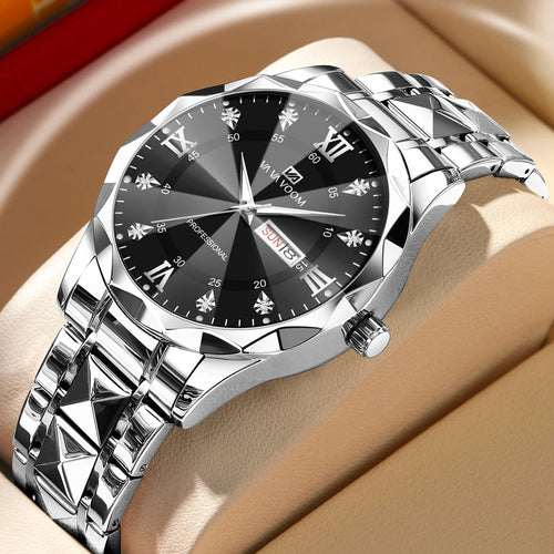 Men Watch Water Diamond Luxury Night Glow Double Calendar Quartz