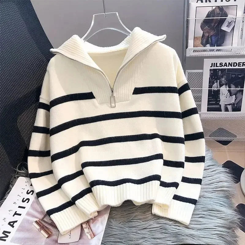 Sweater pullover women Spring and Autumn underwear New zipper stripe