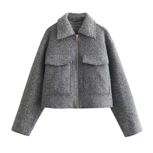 TRAF Autumn Winter Cropped Jacket for Women Short Coat Tweed Jacket