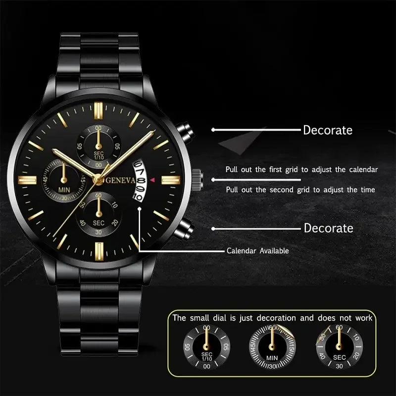 Fashion Men Black Stainless Steel Watch Luxury Calendar Quartz Wrist