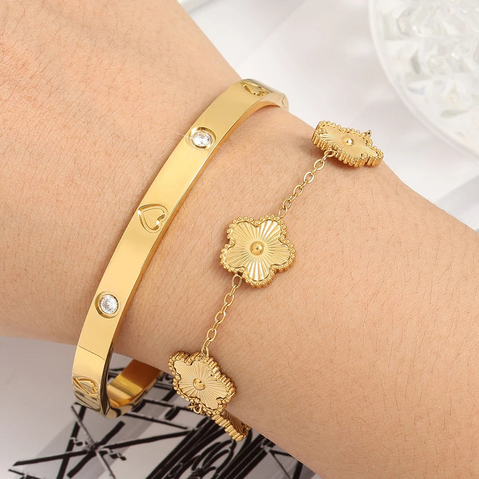 Stainless Steel Four Leaf Clover Five Leaf Clover Laser Bracelet Set