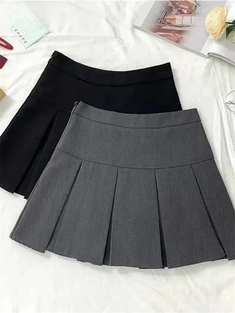 Vintage Gray Pleated Skirt Women Kawaii High Waist Mini Skirts Korean