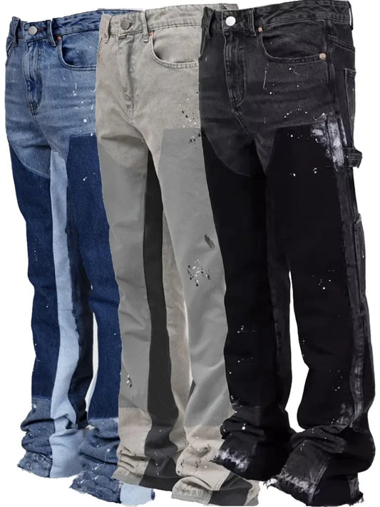 Y2k Jeans Men Painting Patch Baggy Stacked Jeans Fashion Work Wear