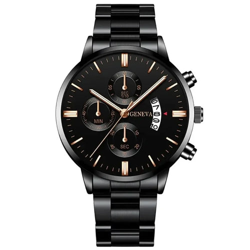 Fashion Men Black Stainless Steel Watch Luxury Calendar Quartz Wrist